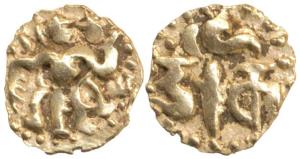 Sri Lanka, Gold Fanamor 1/8 Pagoda, 0.5g, obv king standing; rev Nagari legend Darakin thi