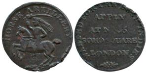 East India Company, Copper Recruiting Token, obv. mounted dragoon with Horse Artillery abo