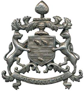 Bikaner State, White Metal Coat of Arms of the State, two tigers holding a shield with Jai