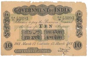 Government of India, Uniface, Rupees 10, green under print, Calcutta circle, signed A. F. 