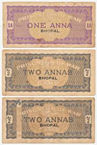 Bhopal, Prisoner of War Coupons, 1 Anna, purple colour, 2 Annas, one with vertical panel a