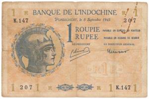 French India, Banque De L’Indochine, Rupee 1, Pondichery, 1945, (Jhun 1.7a).Fine+, Rare.