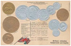 Embossed Postcard with impression of British India & British Ceylon coins. Printed in the 