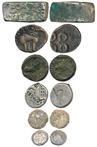 Punch-marked, Gandhara Janapada (c. 400 BC), Silver Bent Bar; Maurya, Silver Karshapana; S