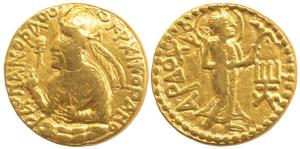 Kushanas, Huvishka, Gold Dinar, 7.84g, Mint I (A), 1st emission, crowned half length bust 