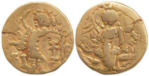 Kidara Kushanas, Base Gold Dinar, 7.78 g, obv. Kidara written below arm of the king, rev. 