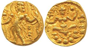 Guptas, Chandragupta II, Gold Dinar, 7.83g, Archer type, obv. king nimbate, standing left 