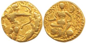 Guptas, Chandragupta II, Gold Dinar, 7.62g, Lion-Slayer type, obv. king slaying a lion wit