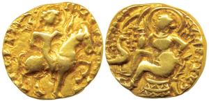 Guptas, Kumaragupta I (AD 414-455), Gold Dinar 8.20g, Horseman type, king nimbate mounted 