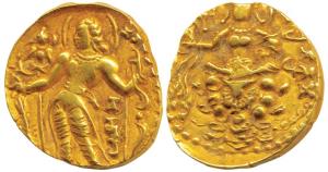 Guptas, Chandragupta III, Gold Heavy Dinar, 8.28g, Archer type, king nimbate, standing lef