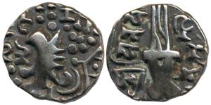 Karkotakas of Kashmir, Vinayaditya, Base Gold, 7.5 g, seated goddess with legend on obv.; 