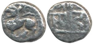 Yadavas of Devagiri, Singhana, Silver Unit, .80g, a stylized lion on obv., ‘…na Deva’ lege