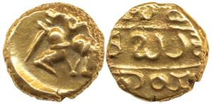Vijayanagar, Bukka Raya I (1344-1377 AD), Gold Pagoda, 3.34g, warrior walking to right wit