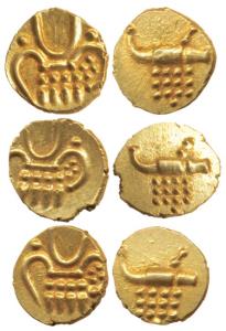 Veera Raya, Coorg Gold Fanam (3), obv. stylized lion standing right with crescent above; r