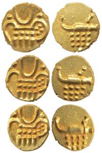 Veera Raya, Coorg Gold Fanam (3), obv. stylized lion standing right with crescent above; r