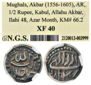 Akbar, Silver ½ Rupee, 5.63g, Kabul Mint, Illahi type, Month Azar, Year 48 (KM 66.2). Slab