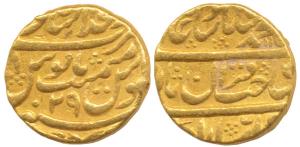 Muhammad Shah, Gold Mohur, 10.84g, Dar-ul-Khilafat Shahjahanabad Mint, RY 29, Sahib-i-qira
