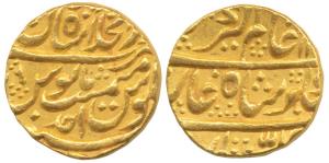 Alamgir II, Gold Mohur, 10.87g, Shahjahanabad Mint, RY Ahd, unusual Mint mark at bottom le