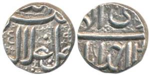 Akbar, Silver ½ Rupee, Ahmedabad Mint, Ilahi type, Month Di, Year 4X. Extremely Fine, Scar