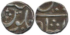 Muhiabad urf Poona, Silver ¼ Rupee, in the name of Shah Ali Gohar (Shah Alam II), Ankushi 