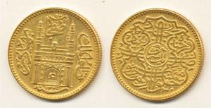 Mir Usman Ali Khan, Gold Ashrafi, 11.18g, Farkhanda Bunyad Hyderabad Mint, half Ain in doo