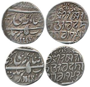 Ranbir Singh (1857-1885 AD), Silver Rupee (2), Srinagar Mint, JHS on obv., VS 1923. Very F