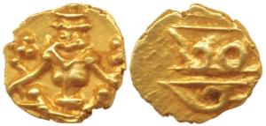 Krishna Raja Wodeyar, Gold Fanam, 0.4g, obv. Seated Narasimha; rev. Kanarese legend Kauthi