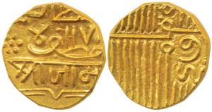 Jam Vibhaji (1852-1894 AD), Gold Kori, 6.42g, Persian letters on both sides with Nagari in