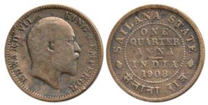Copper ¼ Anna, Edward VII, 1908, Calcutta Mint. Fine+, Scarce.