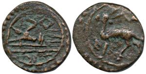 Annonymous issue (18th century), Copper 4 Cash, Lord Padmanabha reclining on obv., conch, 