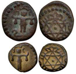 Rama Varma III (1829-1847 AD), Copper 1 and 2 Cash, obv. full bodied figure, rev. six poin