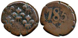 Pondicherry Mint, Mahe issue, Copper Biche, 6g, fleur de lis on obv., date 1783 on rev. Ve