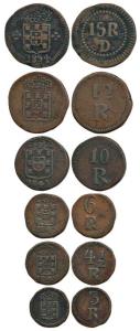 Goa, Copper 3, 4 1/2, 6, 10, 12, 15 Reis, 1845 and 1854. About Very Fine to Extremely Fine