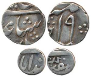 Murshidabad Mint, Silver 1/8 and 1/16 Rupee, in the name of Shah Alam II, frozen RY 19.Ver