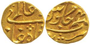 Gold Rupee or 1/15 Mohur, 0.78g, in the name of Shah Alam II, Surat Mint, RY 46, privy mar