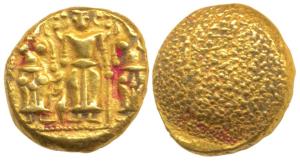 3 Swami Gold Pagoda, 3.40g, Lord Balaji with his consorts Shri Devi and Bhu Devi on either