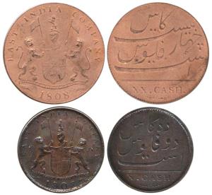 Copper 10 and 20 Cash, 1808, light issue, coat of arms of the EIC on obv., in large card p