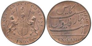 Copper 20 Cash, coat of arms of the EIC and date 1808 on obv., value in English on rev. (K