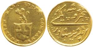 Gold Rupees 5 or 1/3 Mohur, 3.86g, company arms with a lion holding the crown on obv., ND,