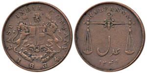 Copper ½ Anna, 1834, Coat of Arms on obv., Scales on rev. About Very Fine, Scarce.