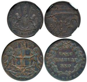 Copper ¼ Anna, 1858; Madras Presidency, Copper 5 Cash, coat of arms of the EIC and date 18
