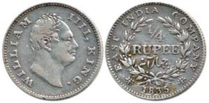 William IV, Silver ¼ Rupee, 1835, Calcutta Mint, ’F’ incuse, 19 Berries (Prid 89). Very Fi