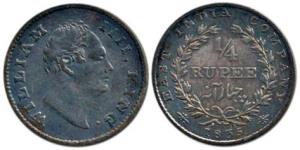 William IV, Silver ¼ Rupee, 1835, ’F’ incuse, 20 Berries with no dot after date and small 