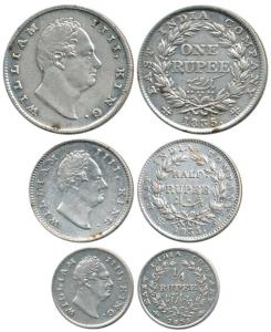 William IV, Silver Rupee, ½ and ¼ Rupee, 1835, RS incuse. About Very Fine to Very Fine+, R