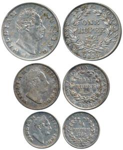 William IV, Silver Rupee, ½ and 1/4, 1835, F incuse. Fine+ to Very Fine+, Rare as a set. (