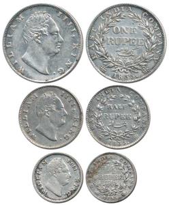 William IV, Silver Rupee, ½ and 1/4, 1835, F incuse. Fine+ to Very Fine+, Rare as a set. (