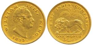 William IV, Gold Mohur, 1835, Calcutta Mint, R. S. initials incused on truncation on obv.,