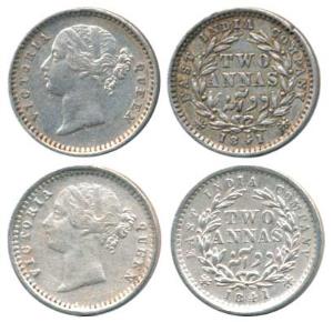 Victoria Queen, Silver 2 Annas, 1841,divided legend, ’S’ incuse, WW raised/9 Berries. Abou