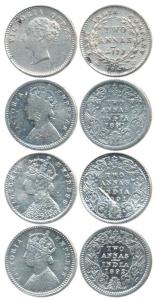 Victoria Queen and Empress, Silver 2 Annas, 1841, continuous legend, 1891, 1892, 1901. Fin