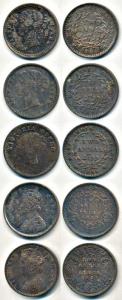 Victoria Queen and Empress, Silver 2 Annas, 1841, continuous legend, 1841, divided legend 